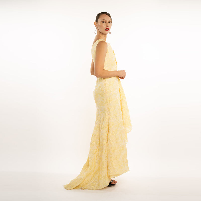 One Shoulder Origami Overlay Gown